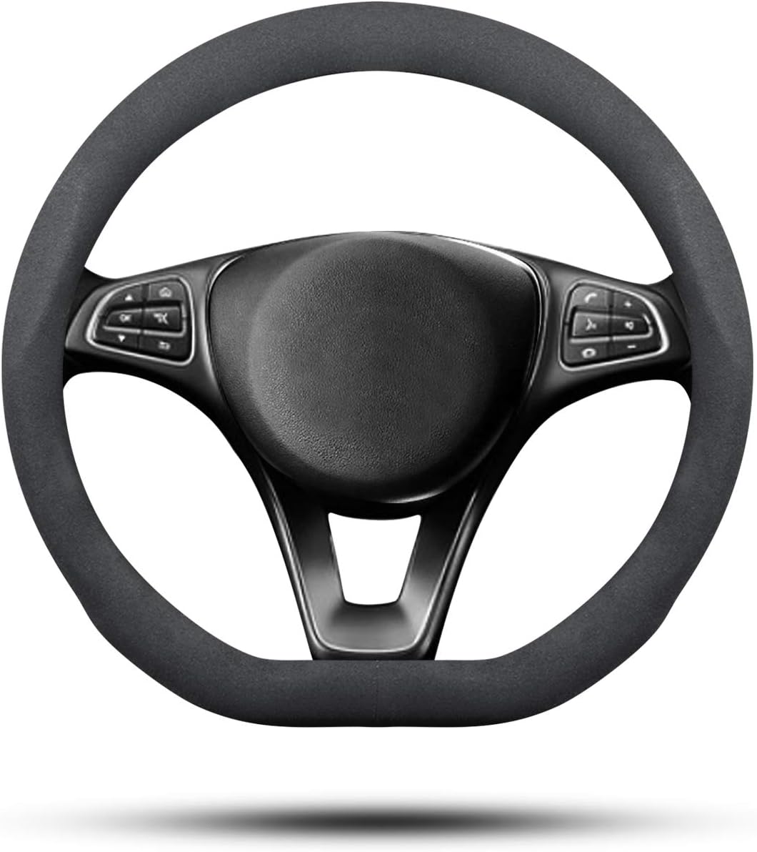 D-Shape Suede Velvet Car Steering Wheel Cover 15 inch Black - Non-Slip Protector for All Seasons